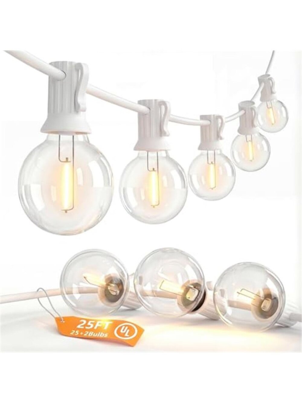 25FT G40 LED White Outdoor String Lights,White Patio Lights with 25 Shatterproof